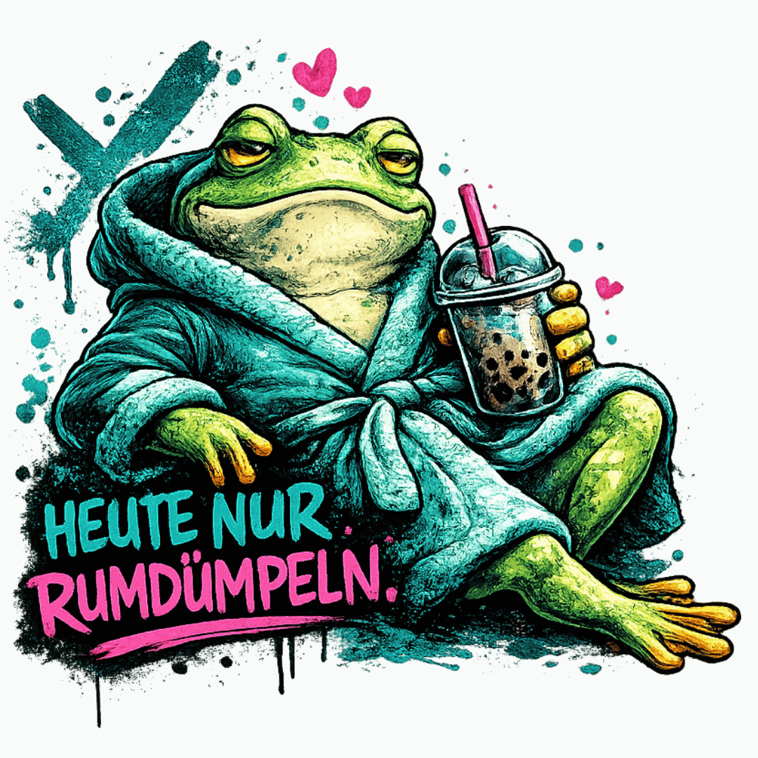 Lässiges Bügelbild mit einem Frosch im kuscheligen Bademantel, der einen Bubble Tea hält, und dem Spruch Heute nur rumdümpeln im Graffiti-Style.