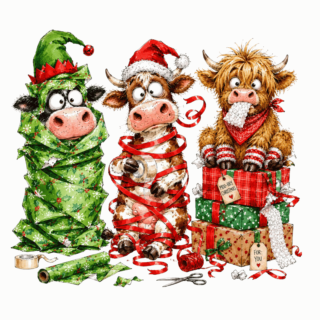 Lustiges weihnachtliches Bügelbild Muh-erry Christmas mit drei Kühen beim Geschenke einpacken, Maße 20,6 cm x 18,3 cm, ideal zum Veredeln von Textilien.