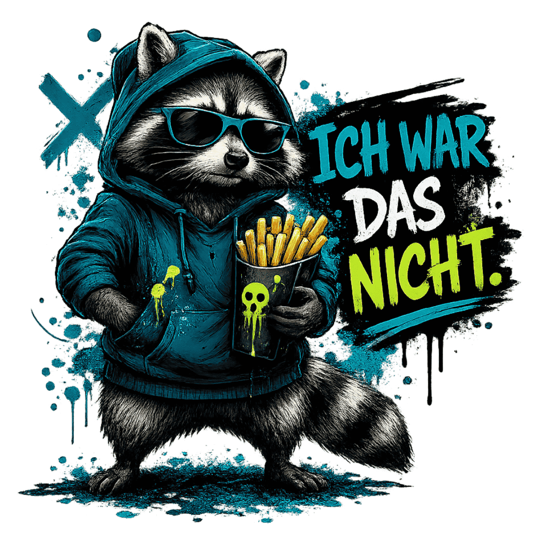 Lässiges Bügelbild mit Waschbär im Hoodie, der eine Portion Pommes hält, und dem frechen Spruch Ich war das nicht im urbanen Graffiti-Style.