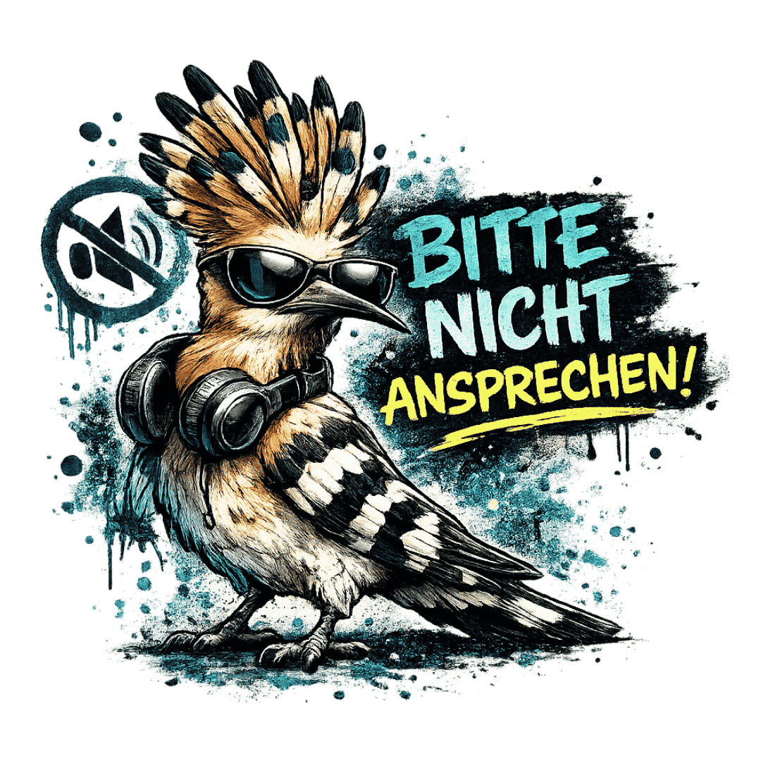 Cooles Bügelbild mit Wiedehopf, Sonnenbrille, Kopfhörern und dem Spruch Bitte nicht ansprechen im urbanen Graffiti-Style.