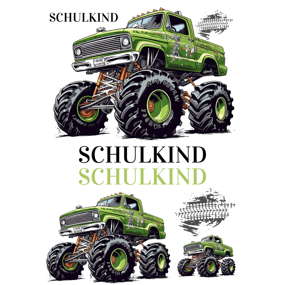 Bügelbild-Set Schulanfang Truck – Plott-Motive mit Lastwagen in verschiedenen Größen und Schriftzug. DIY-Bügelbilder für die Einschulung und Schultüten für Jungen.