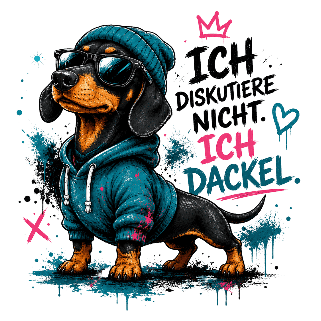 Cooles Bügelbild mit einem Dackel in Hoodie und Mütze sowie dem Spruch Ich diskutiere nicht. Ich dackel. im urbanen Graffiti-Style.