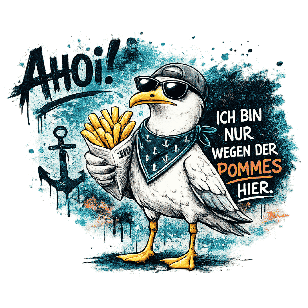 Maritimes Bügelbild mit einer coolen Möwe mit Sonnenbrille, Cap und Bandana, die eine Tüte Pommes hält, inklusive Graffiti-Schriftzug Ahoi! Ich bin nur wegen der Pommes hier.